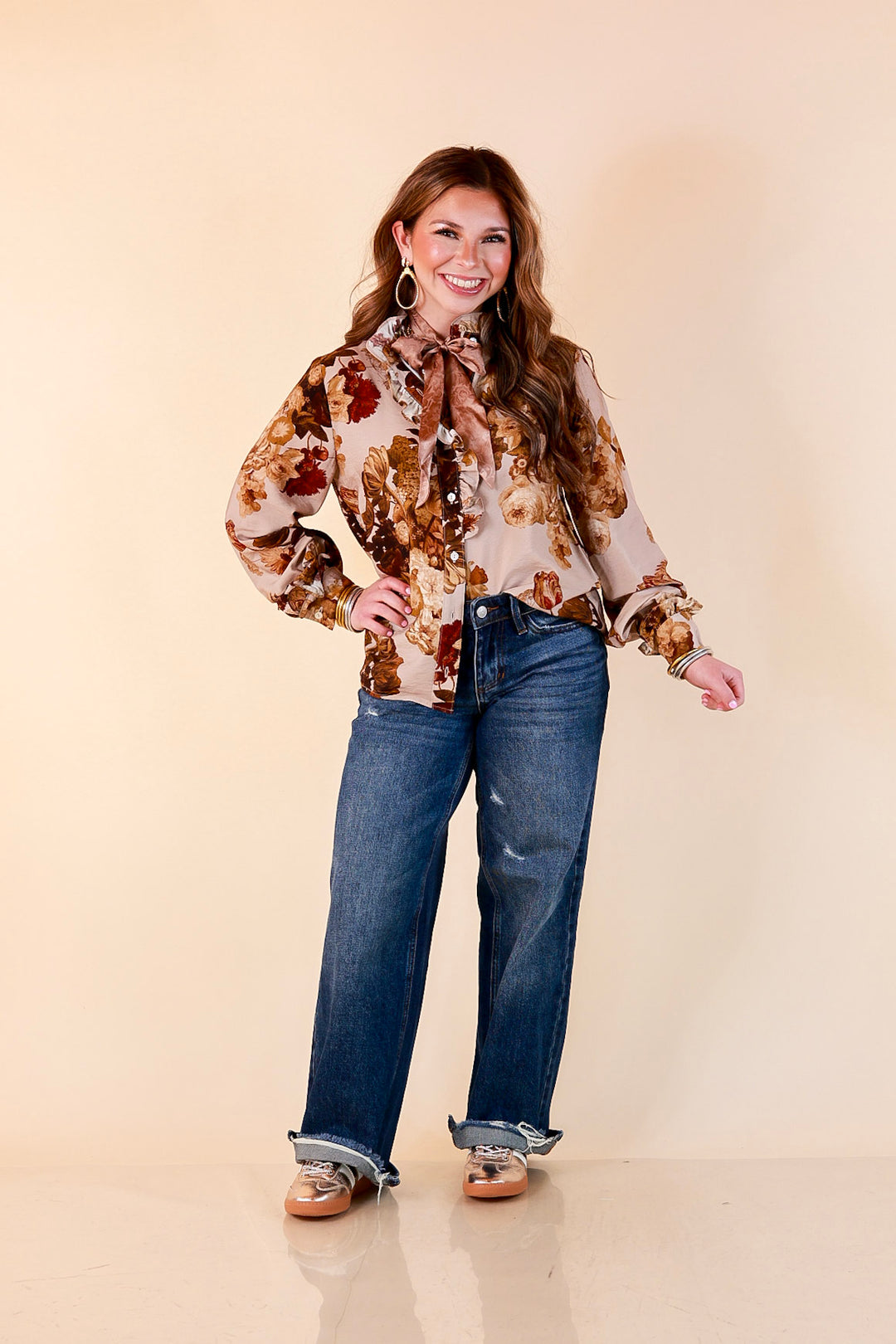 Heart of Gold floral tie neck long sleeve blouse in brown
