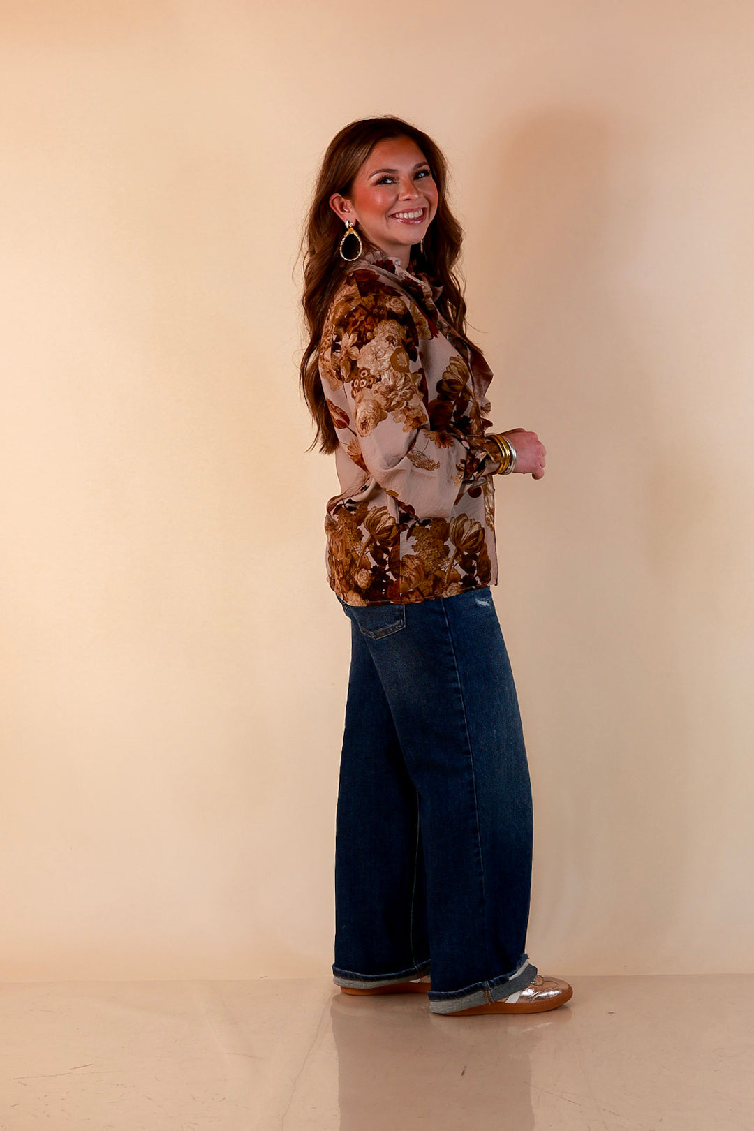 Heart of Gold floral tie neck long sleeve blouse in brown