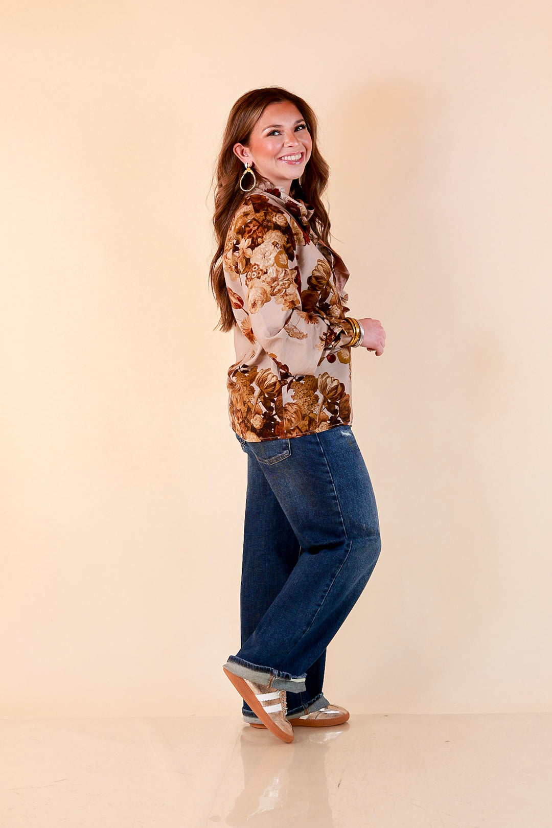 Heart of Gold floral tie neck long sleeve blouse in brown