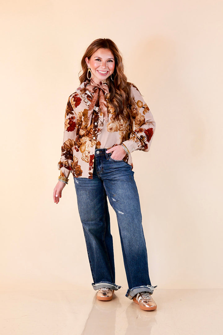 Heart of Gold floral tie neck long sleeve blouse in brown