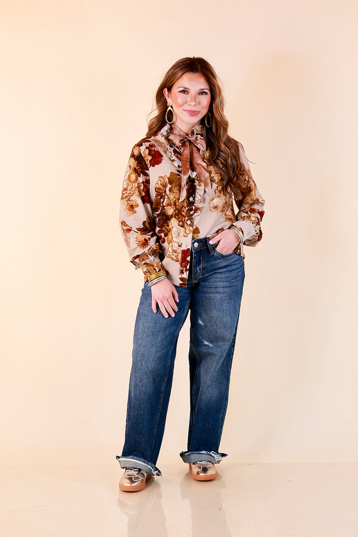 Heart of Gold floral tie neck long sleeve blouse in brown