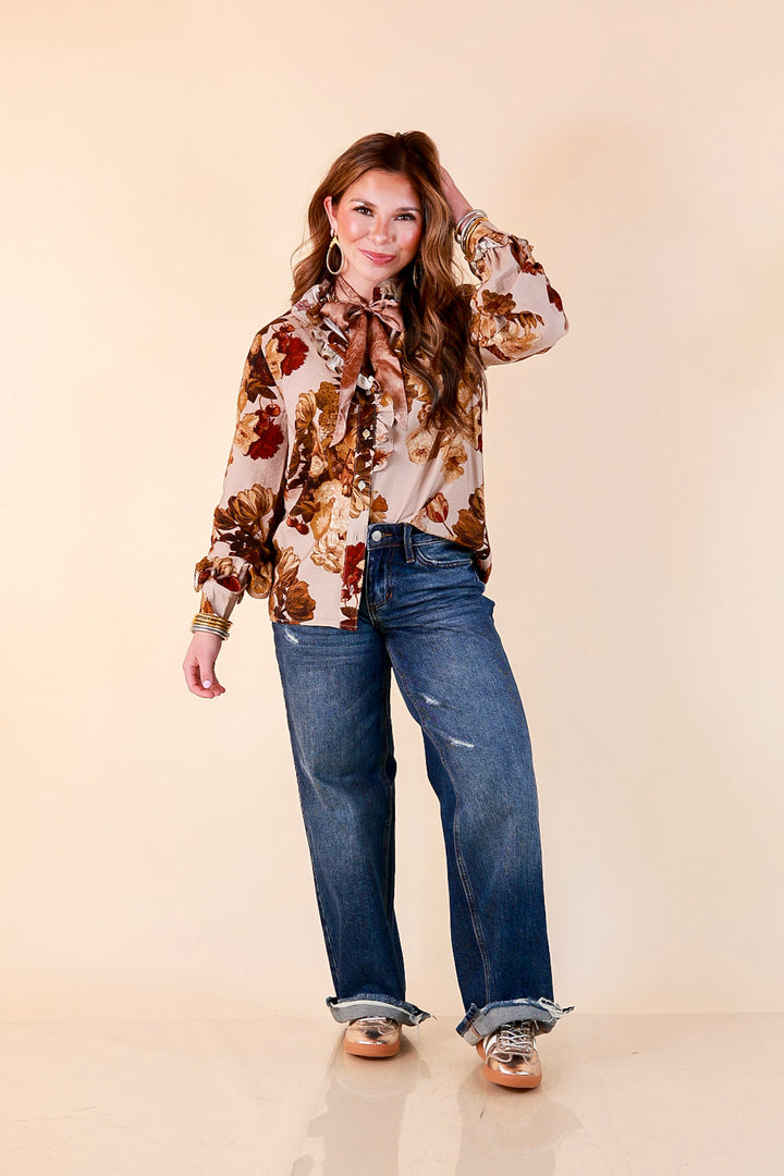 Heart of Gold floral tie neck long sleeve blouse in brown