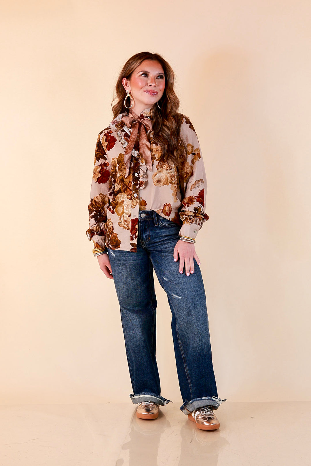 Heart of Gold floral tie neck long sleeve blouse in brown