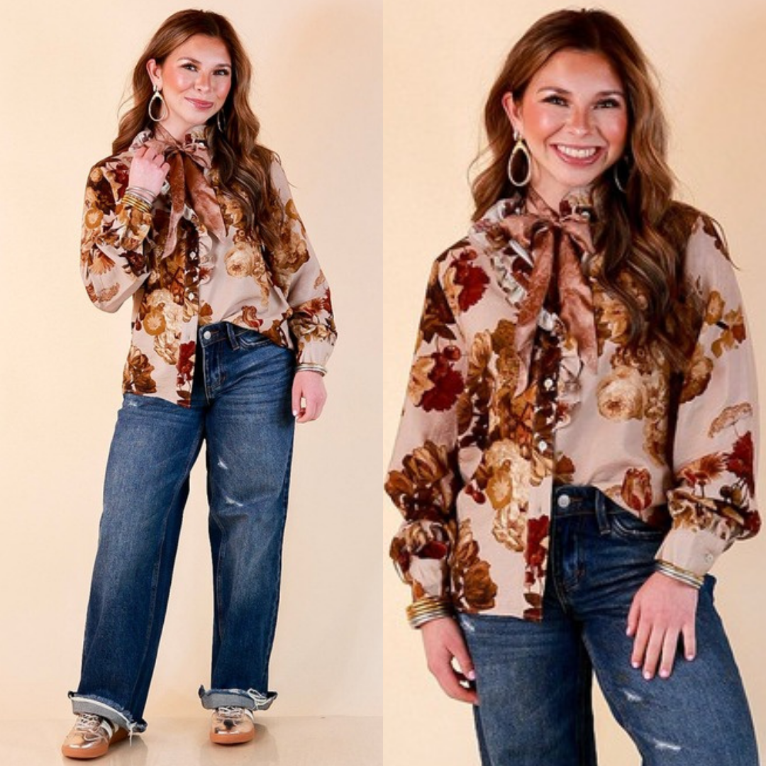 Heart of Gold tie neck blouse in brown