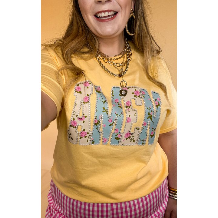 Heaven Sent "Amen" Floral and Pearl Print Short Sleeve Graphic Tee in Butter Yellow