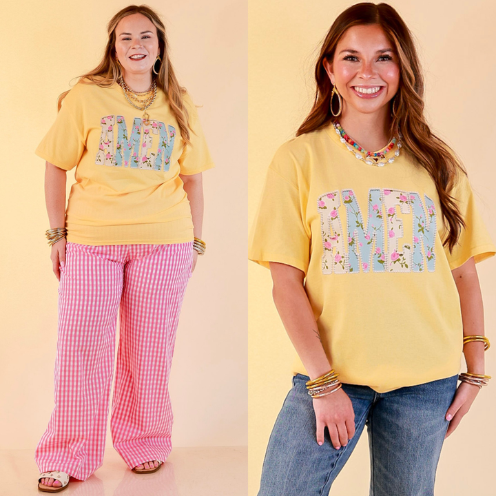Heaven Sent "Amen" Floral and Pearl Print Short Sleeve Graphic Tee in Butter Yellow