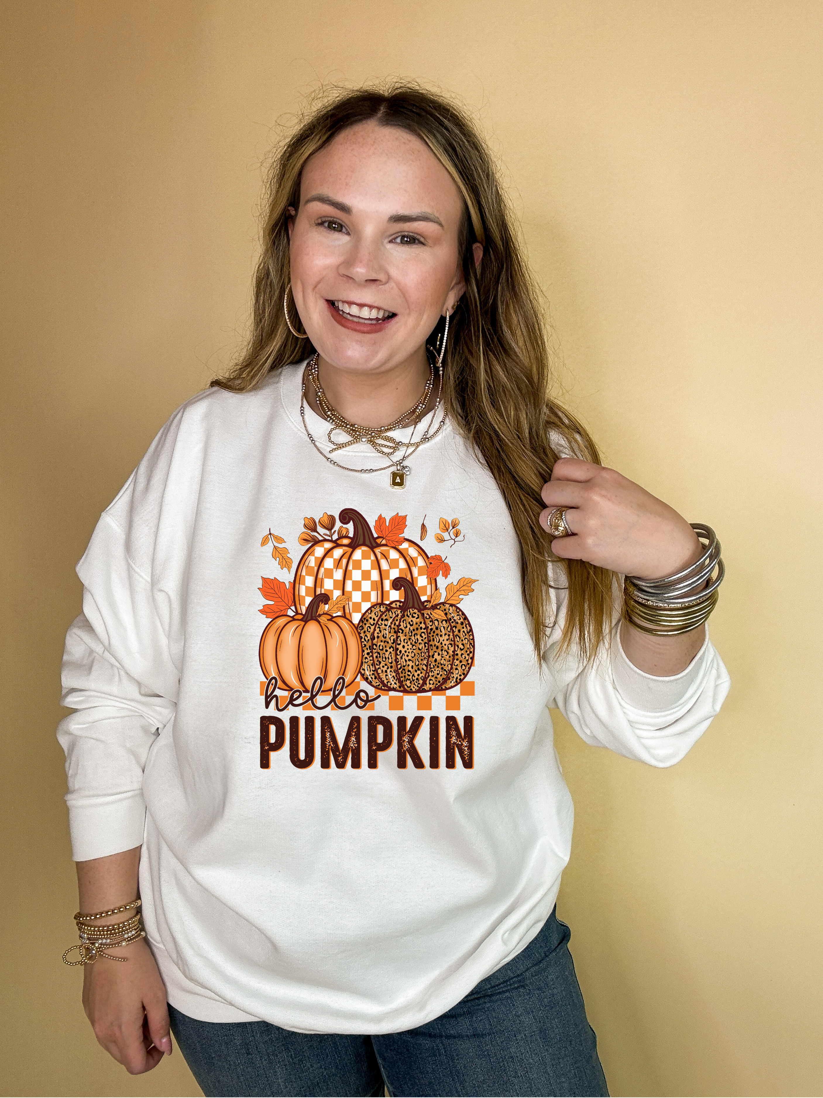 Online Exclusive | Hello Pumpkin Leopard, Checkered and Sold Pumpkins Graphic Sweatshirt in Multiple Color Options