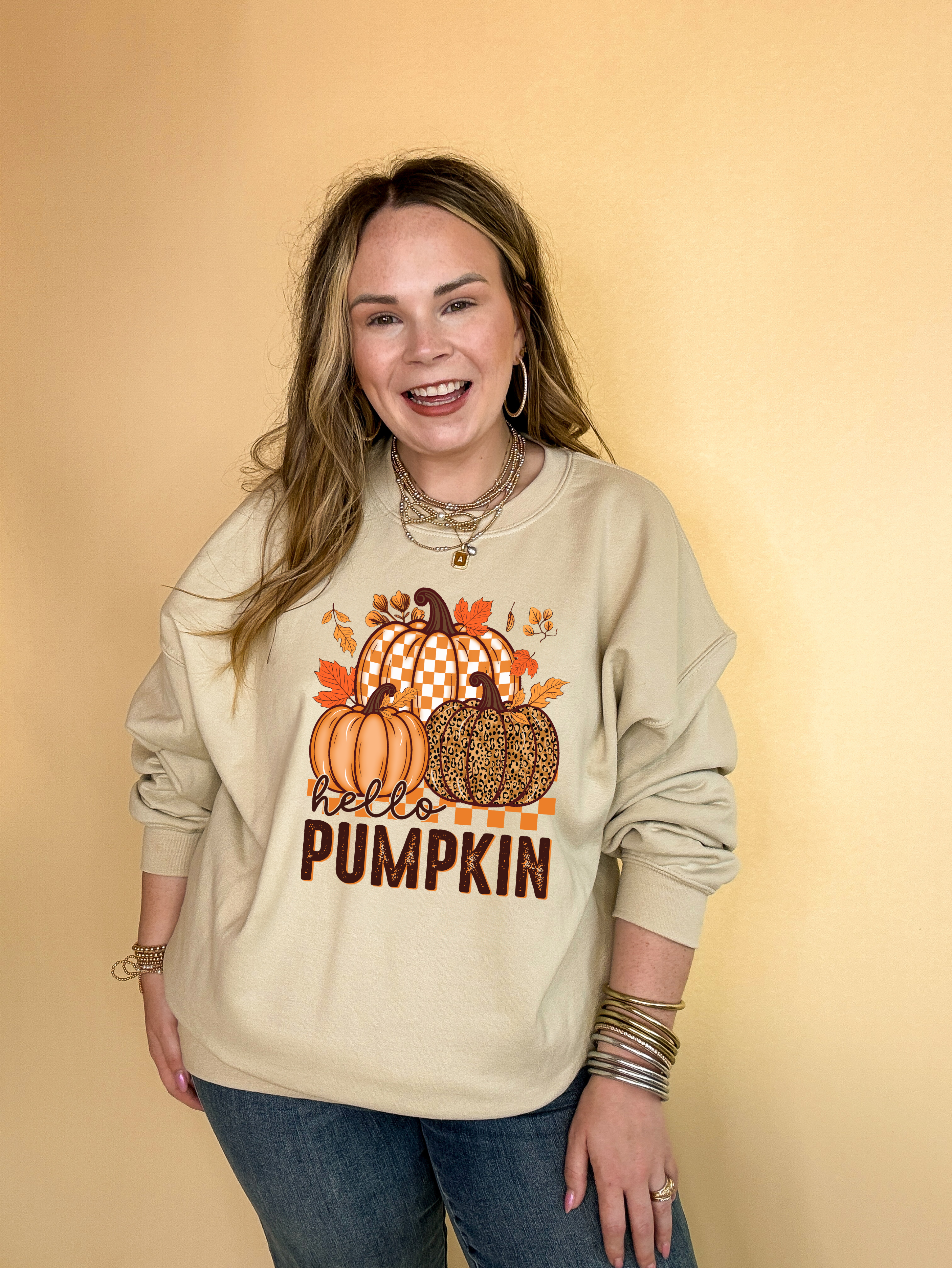 Online Exclusive | Hello Pumpkin Leopard, Checkered and Sold Pumpkins Graphic Sweatshirt in Multiple Color Options