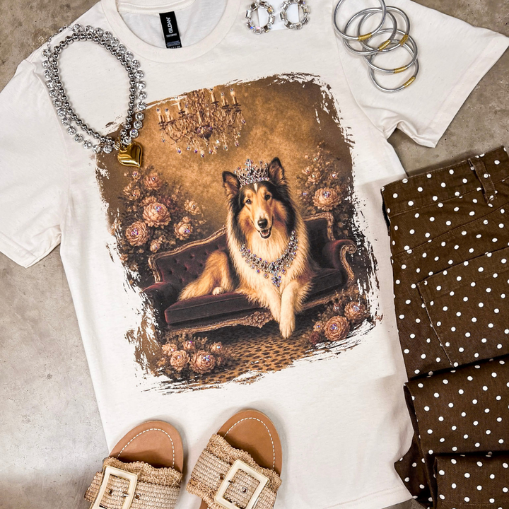 Her Majesty the Queen Glam Collie Dog Printed Short Sleeve Graphic Tee with Crystals in Cream