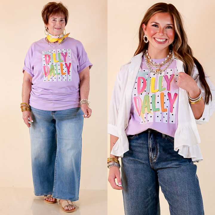 Here for the Fun "Dilly Dally" Stripe, Star and Polka Dot Print Short Sleeve Graphic Tee in Lavender Purple