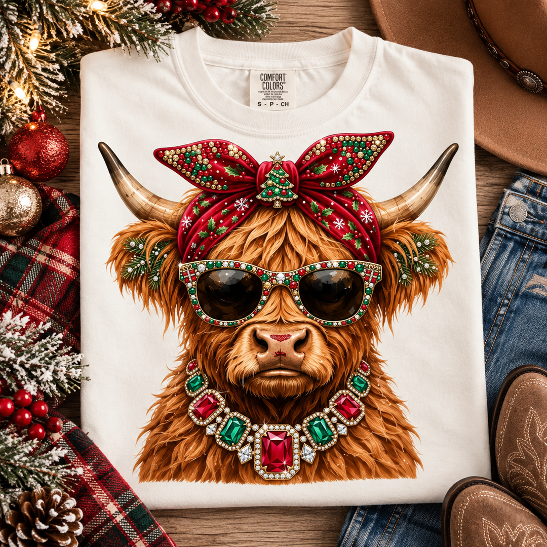 Highland Gem Christmas graphic tee or sweatshirt on white with a highland cow in sparkly sunglasses with a jeweled bandana bow and gem necklace