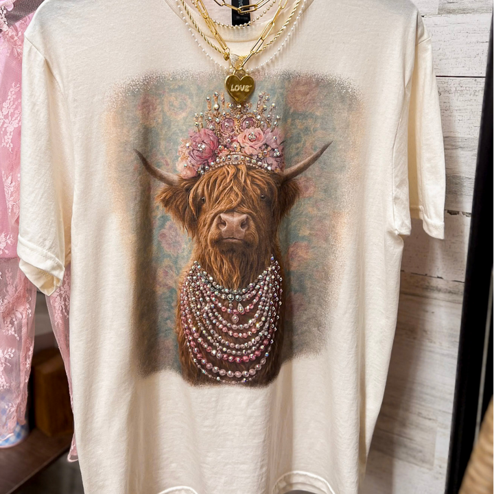 Highland Honey Glam Floral Crown Highland Print Short Sleeve Graphic Tee with Crystals in Cream