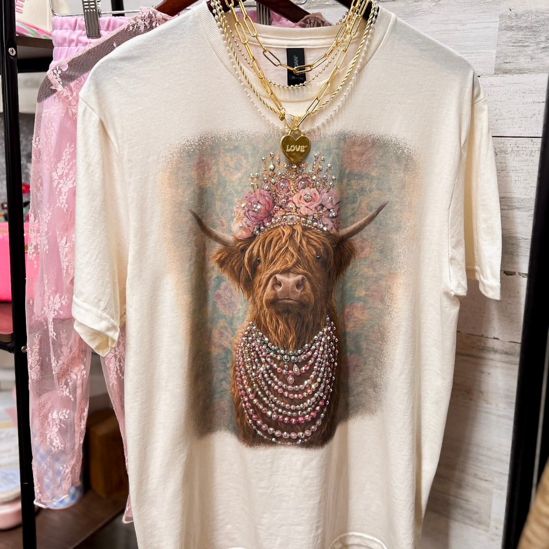 Highland Honey Glam Floral Crown Highland Print Short Sleeve Graphic Tee with Crystals in Cream