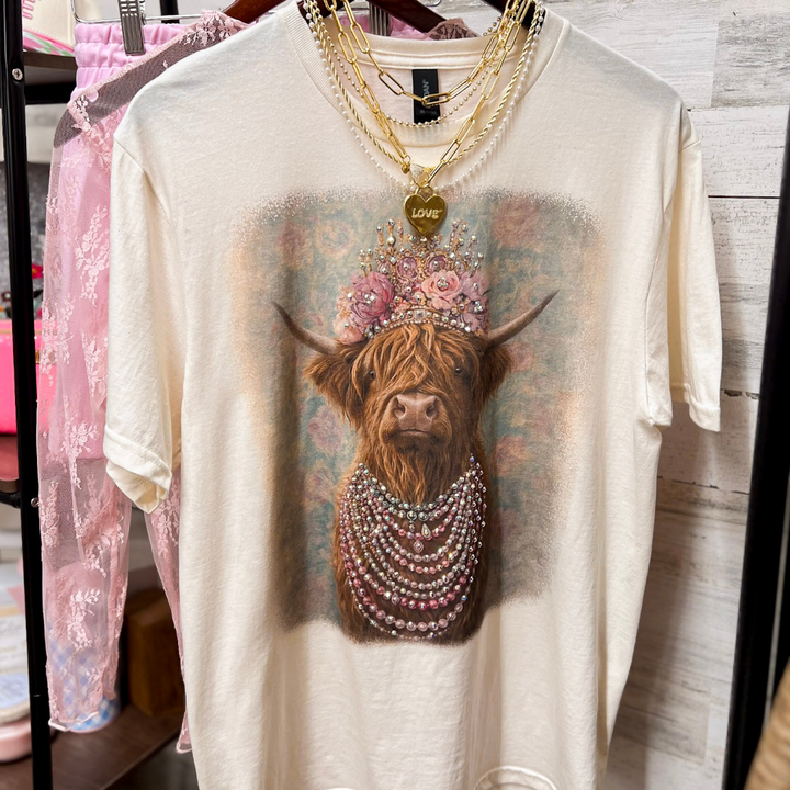Highland Honey Glam Floral Crown Highland Print Short Sleeve Graphic Tee with Crystals in Cream