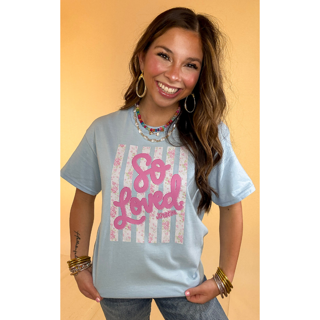 His Love Never Fails "So Loved" John 3:16 Short Sleeve Graphic Tee in Light Blue
