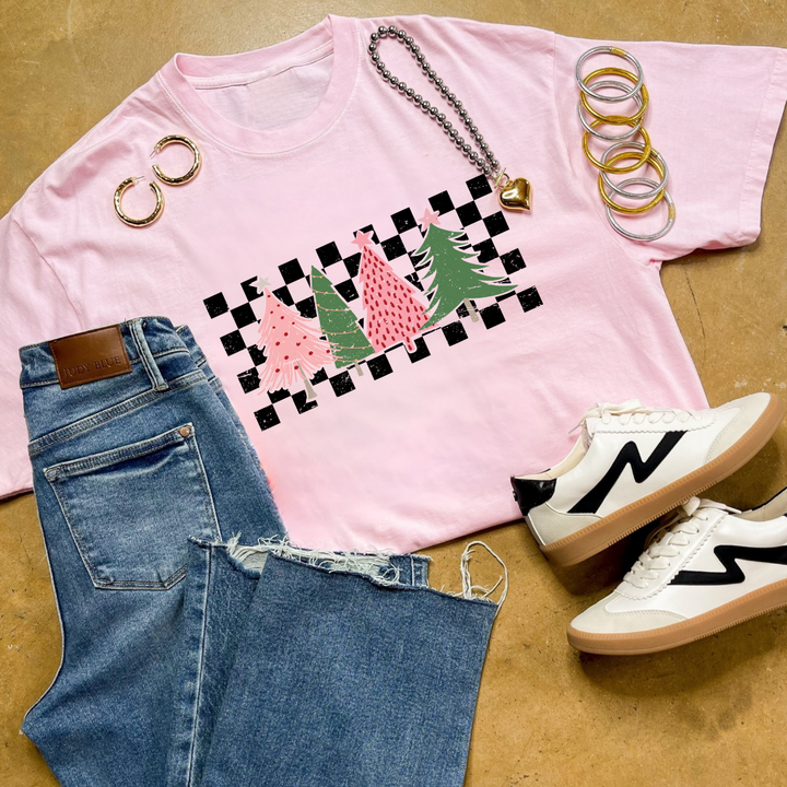 Online Exclusive | Holiday Trees on Checkered Background Graphic Tee in Multiple Color Options