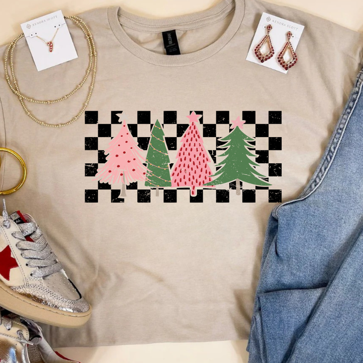 Online Exclusive | Holiday Trees on Checkered Background Graphic Tee in Multiple Color Options