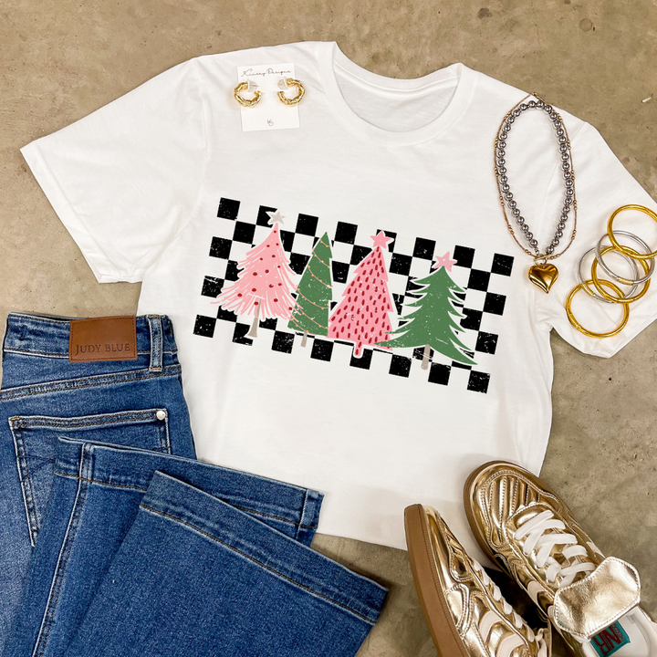 Online Exclusive | Holiday Trees on Checkered Background Graphic Tee in Multiple Color Options