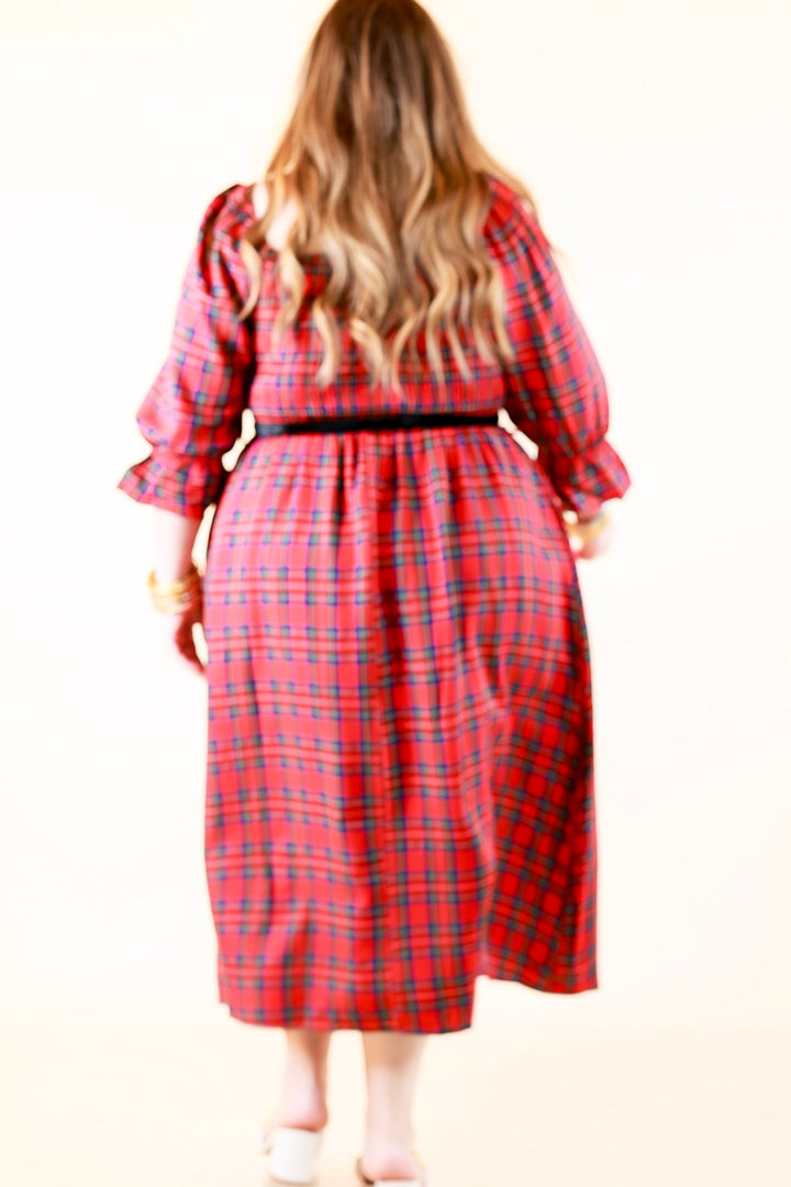 Simply Southern Home for the Holidays Plaid Smocked Midi Dress in Red