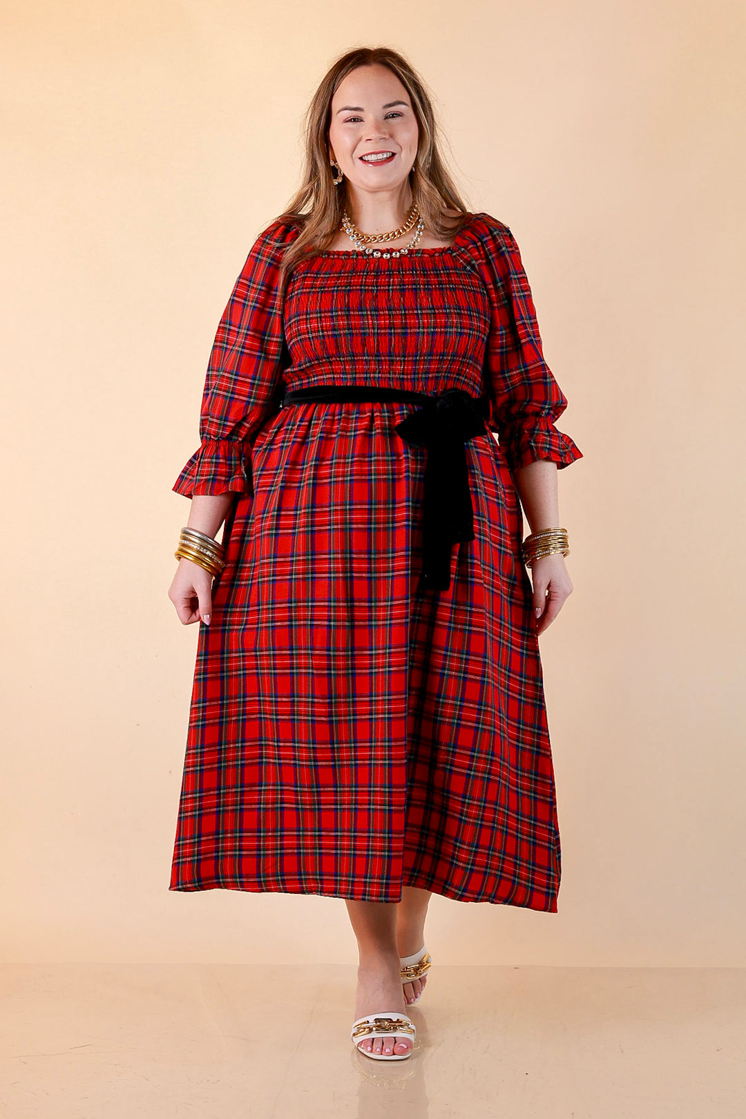 Simply Southern Home for the Holidays Plaid Smocked Midi Dress in Red