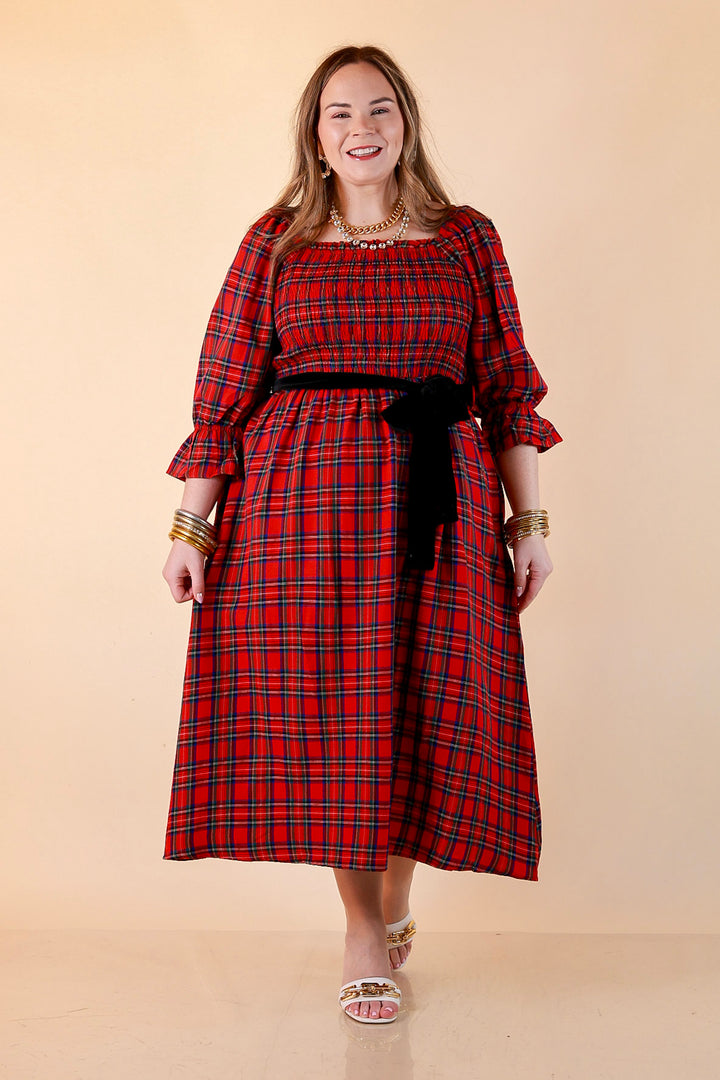 Simply Southern Home for the Holidays Plaid Smocked Midi Dress in Red