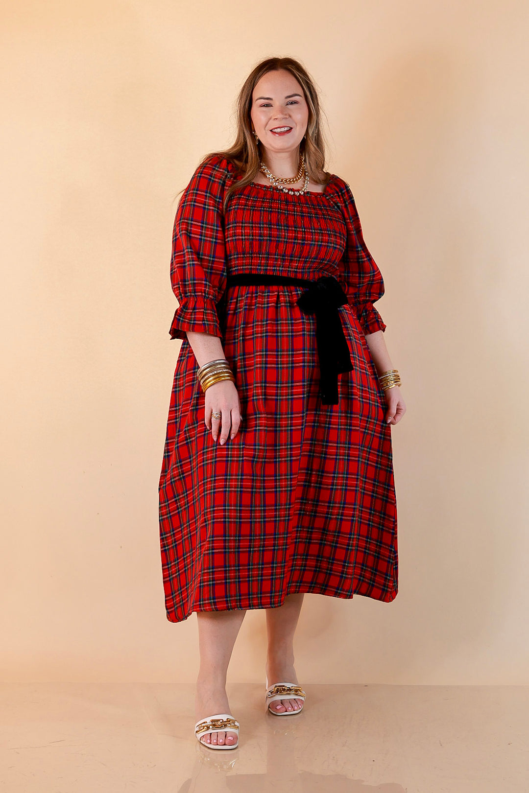 Simply Southern Home for the Holidays Plaid Smocked Midi Dress in Red