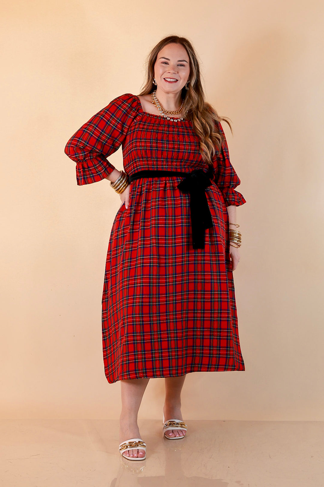 Simply Southern Home for the Holidays Plaid Smocked Midi Dress in Red