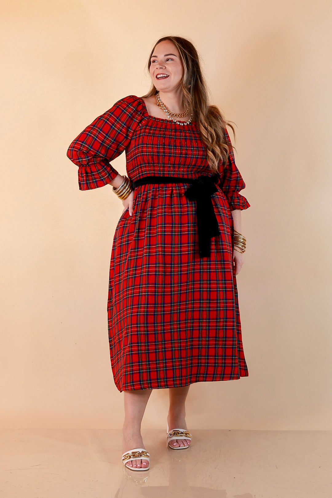 Simply Southern Home for the Holidays Plaid Smocked Midi Dress in Red