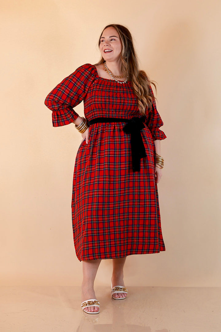 Simply Southern Home for the Holidays Plaid Smocked Midi Dress in Red