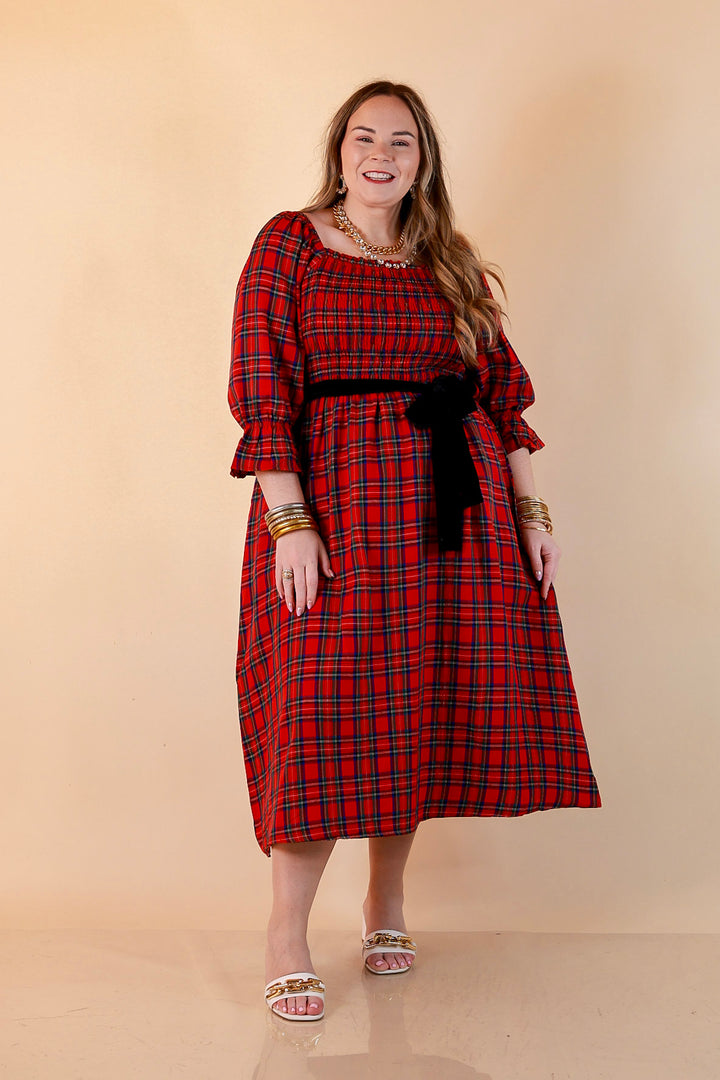 Simply Southern Home for the Holidays Plaid Smocked Midi Dress in Red