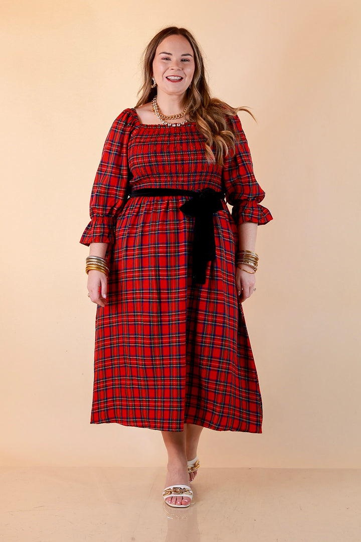 Simply Southern Home for the Holidays Plaid Smocked Midi Dress in Red