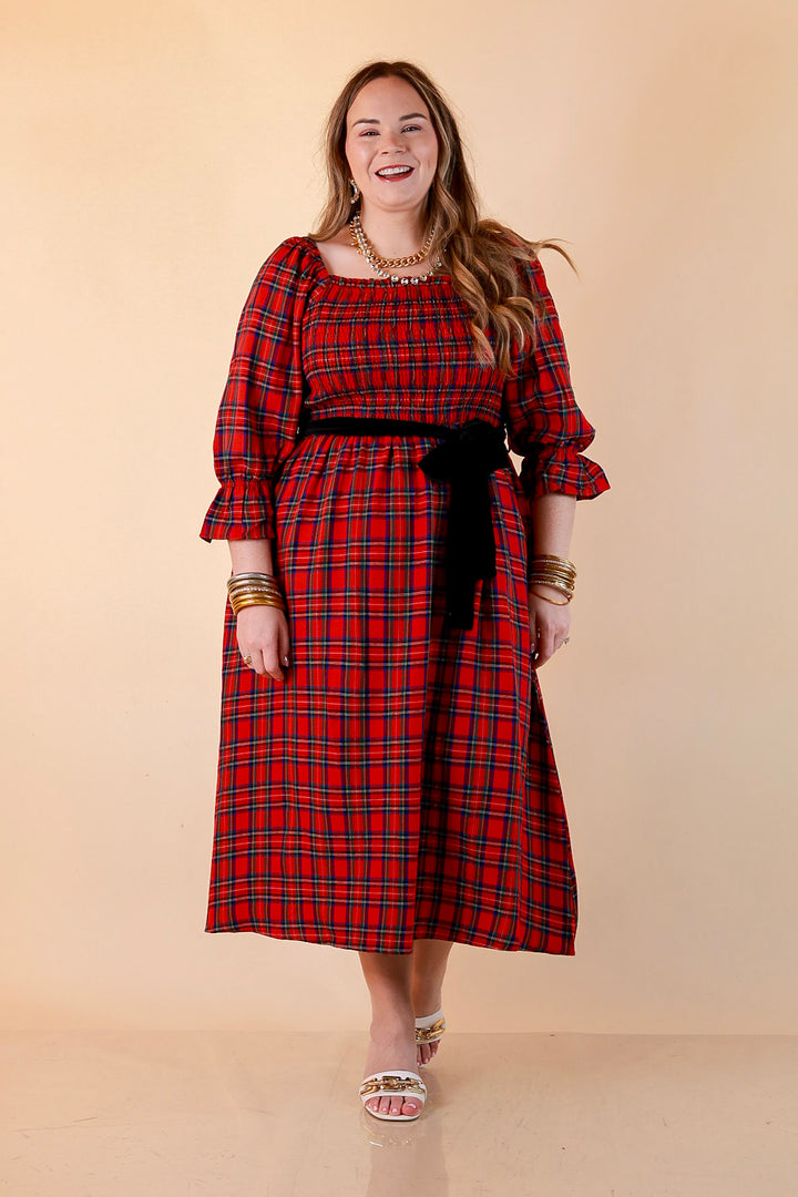 Simply Southern Home for the Holidays Plaid Smocked Midi Dress in Red