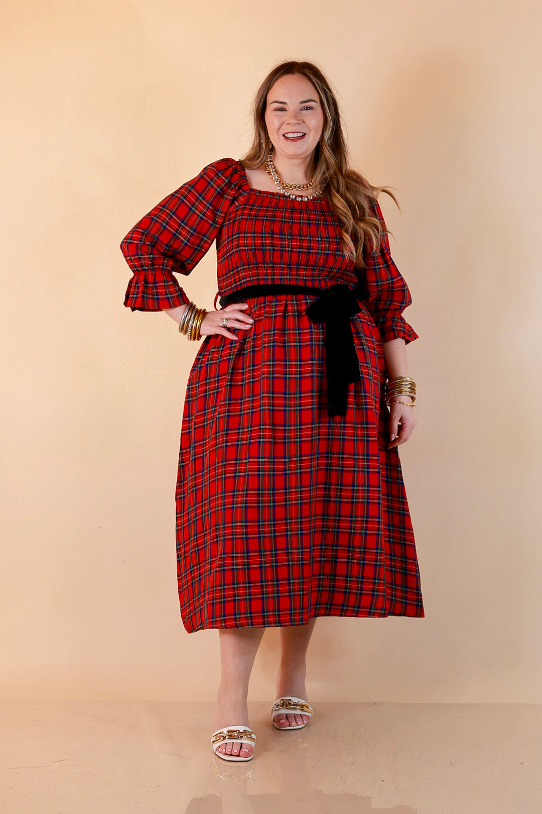 Simply Southern Home for the Holidays Plaid Smocked Midi Dress in Red