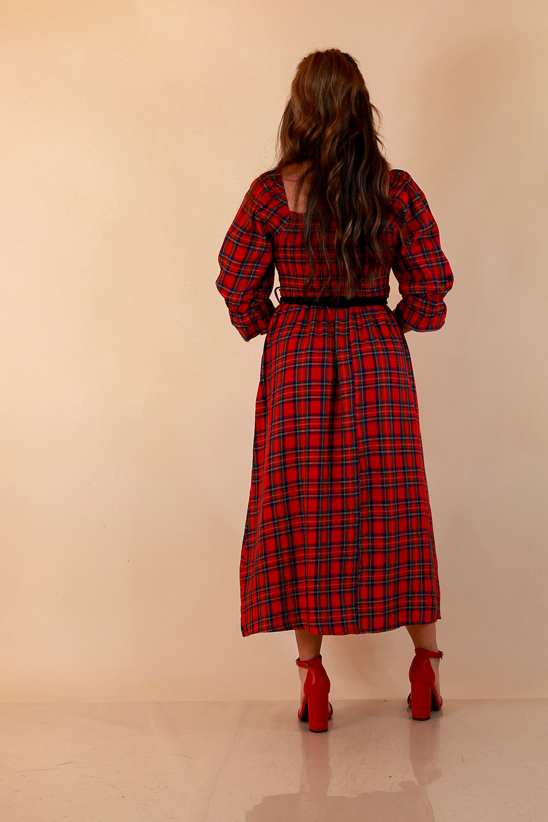 Simply Southern Home for the Holidays Plaid Smocked Midi Dress in Red