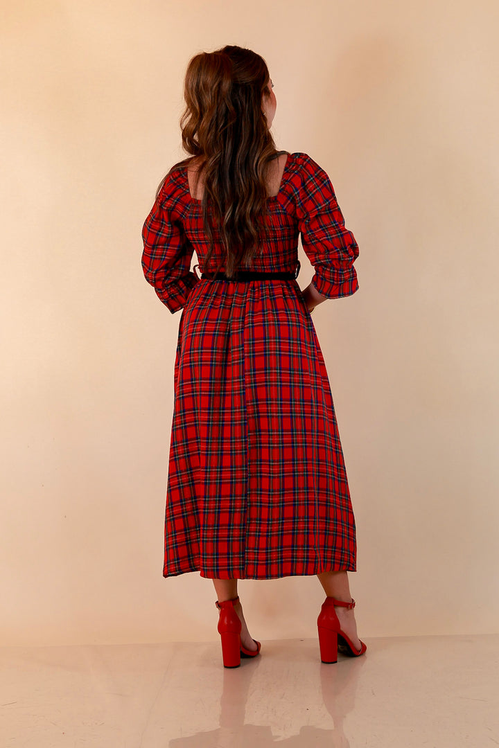 Simply Southern Home for the Holidays Plaid Smocked Midi Dress in Red