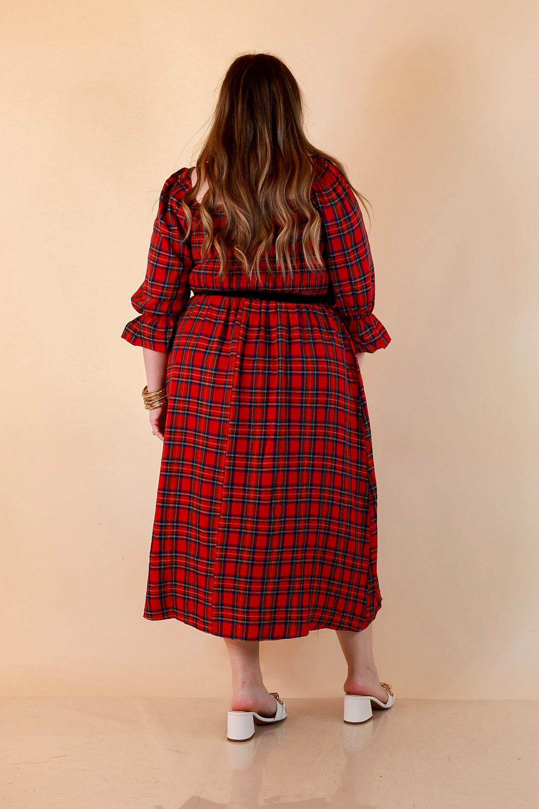 Simply Southern Home for the Holidays Plaid Smocked Midi Dress in Red