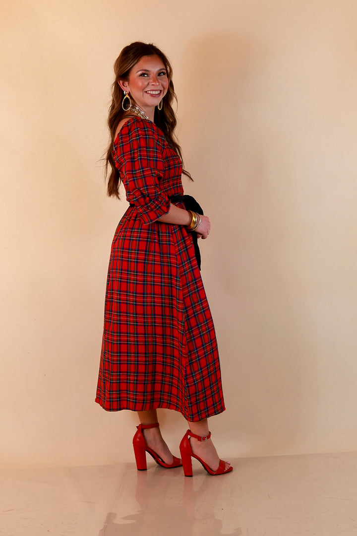 Simply Southern Home for the Holidays Plaid Smocked Midi Dress in Red