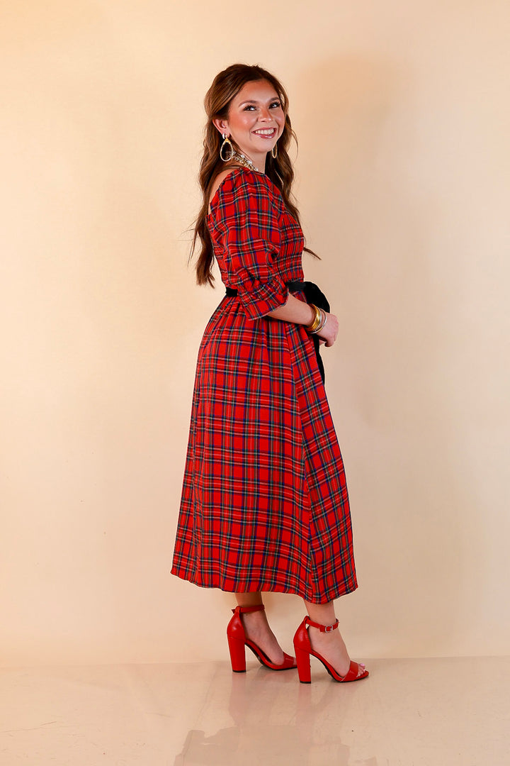 Simply Southern Home for the Holidays Plaid Smocked Midi Dress in Red