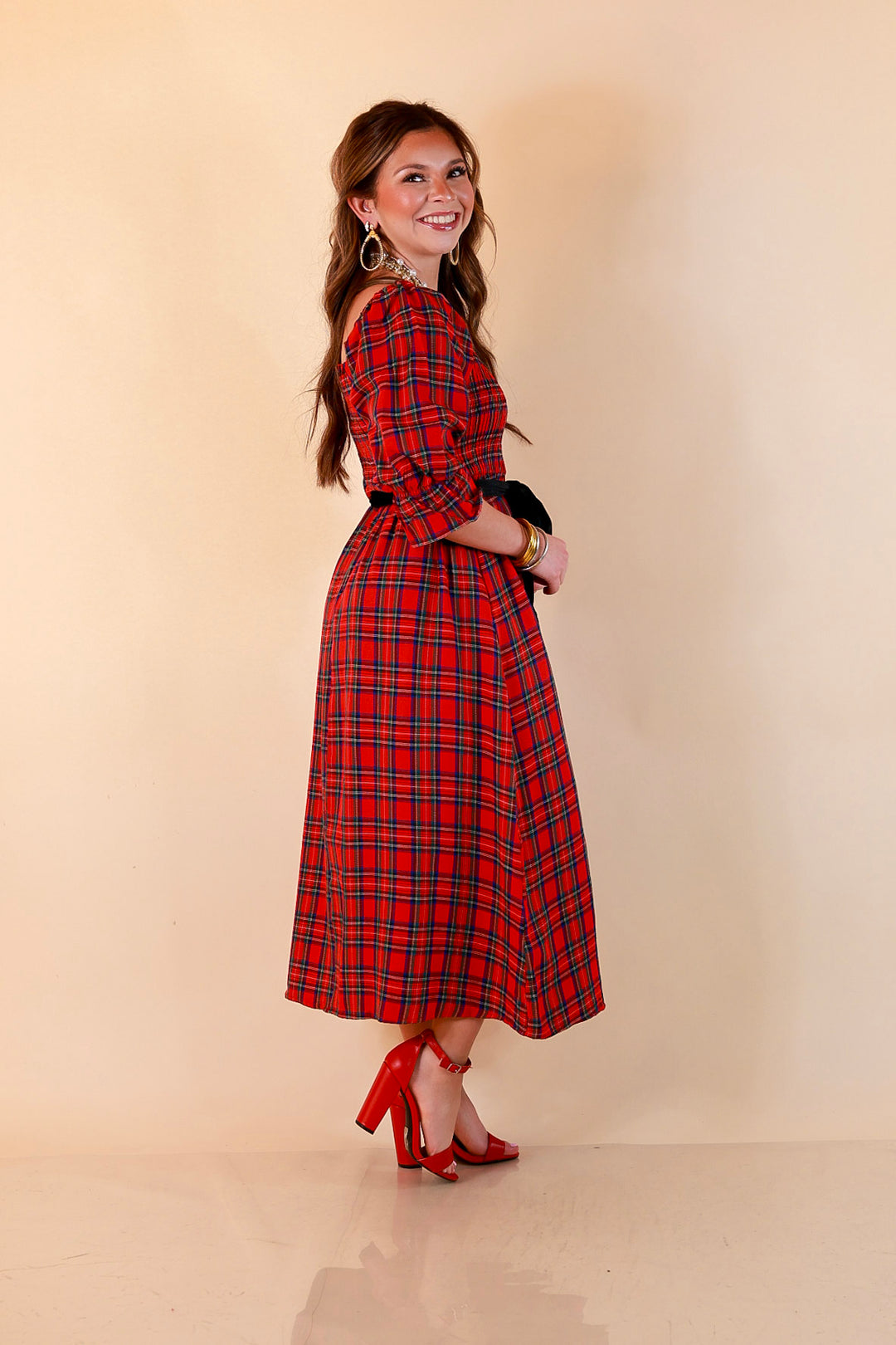 Simply Southern Home for the Holidays Plaid Smocked Midi Dress in Red