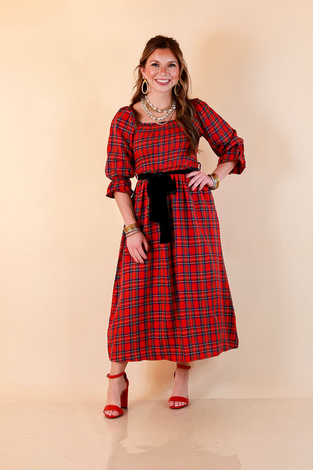 Simply Southern Home for the Holidays Plaid Smocked Midi Dress in Red
