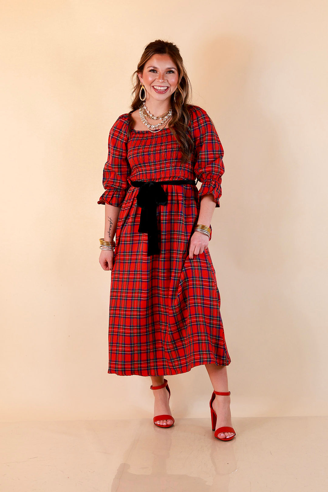 Simply Southern Home for the Holidays Plaid Smocked Midi Dress in Red
