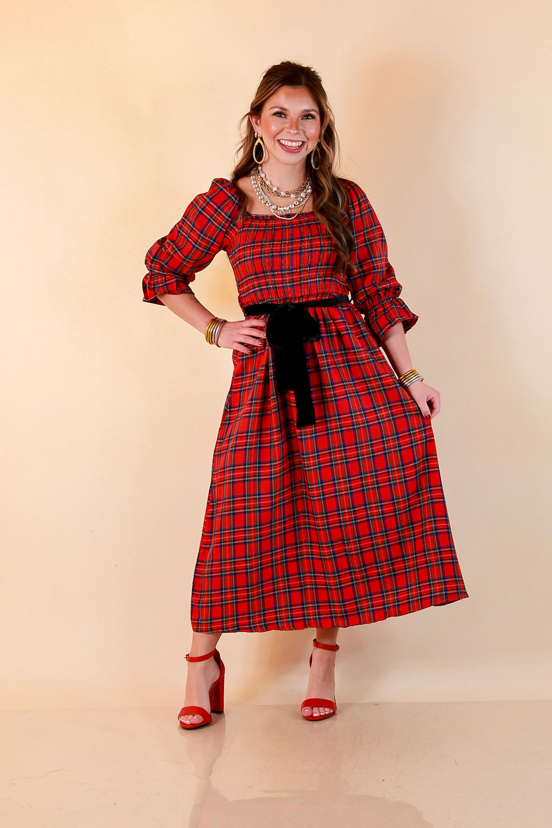 Simply Southern Home for the Holidays Plaid Smocked Midi Dress in Red