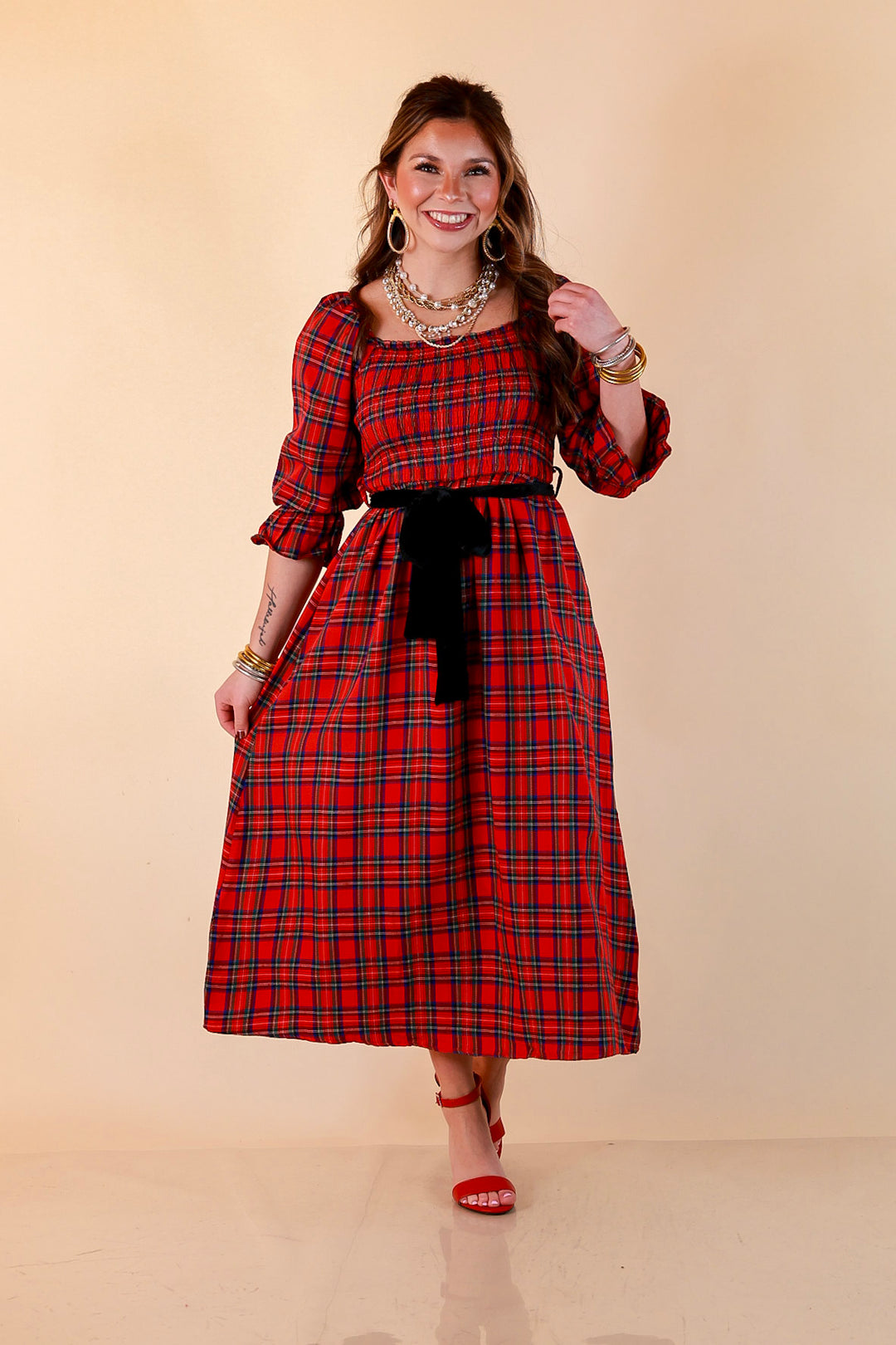 Simply Southern Home for the Holidays Plaid Smocked Midi Dress in Red