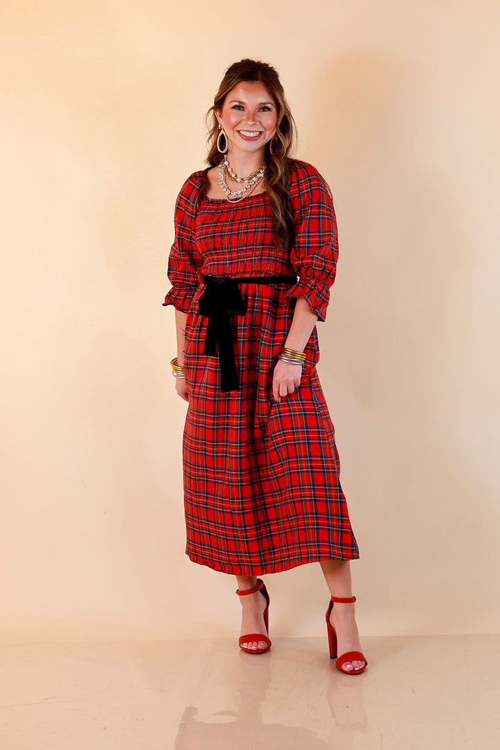 Simply Southern Home for the Holidays Plaid Smocked Midi Dress in Red