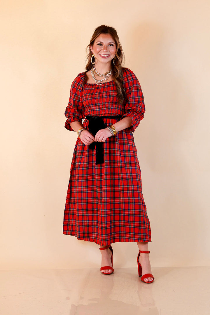 Simply Southern Home for the Holidays Plaid Smocked Midi Dress in Red