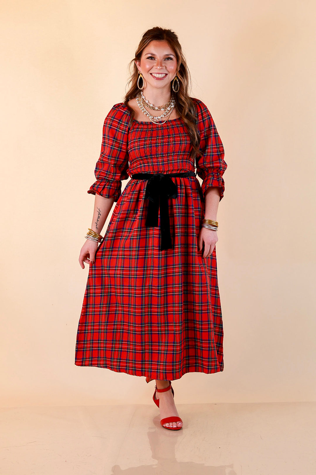 Simply Southern Home for the Holidays Plaid Smocked Midi Dress in Red