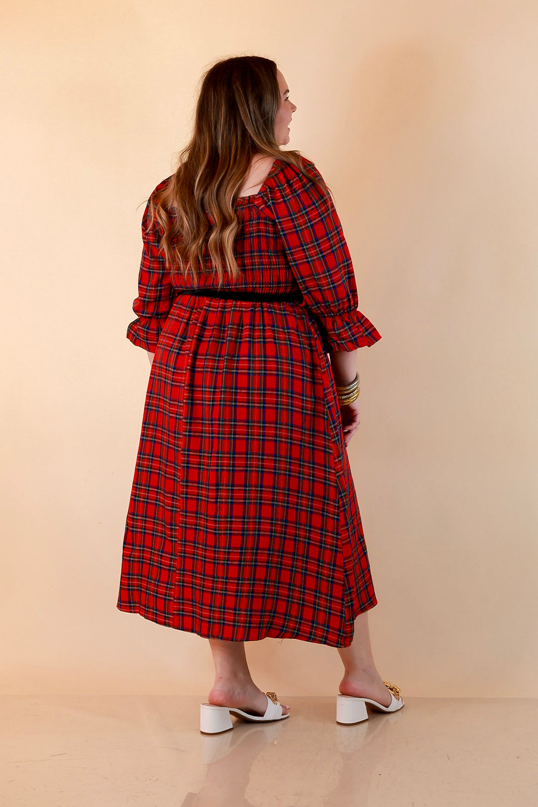 Simply Southern Home for the Holidays Plaid Smocked Midi Dress in Red