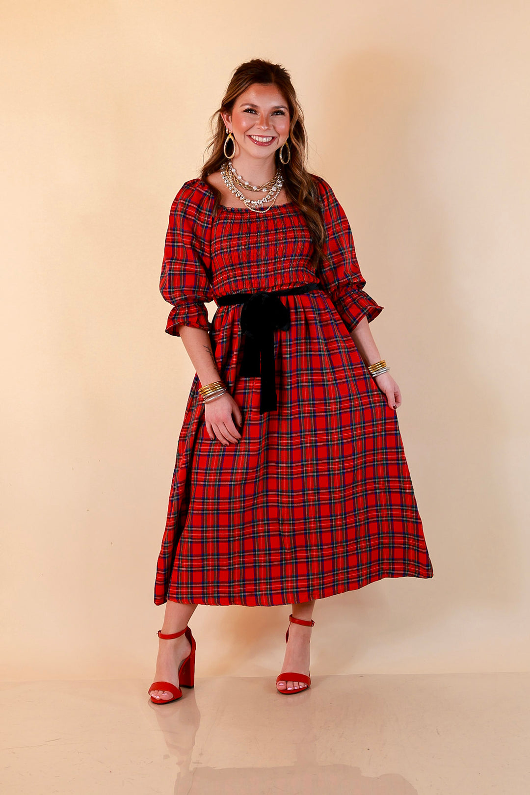 Simply Southern Home for the Holidays Plaid Smocked Midi Dress in Red