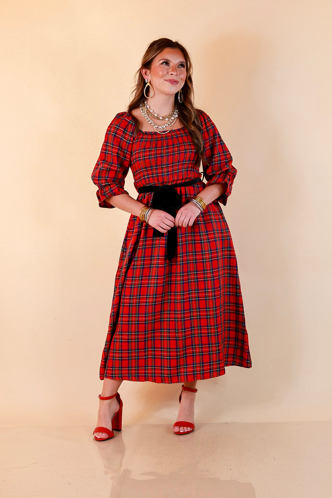 Simply Southern Home for the Holidays Plaid Smocked Midi Dress in Red