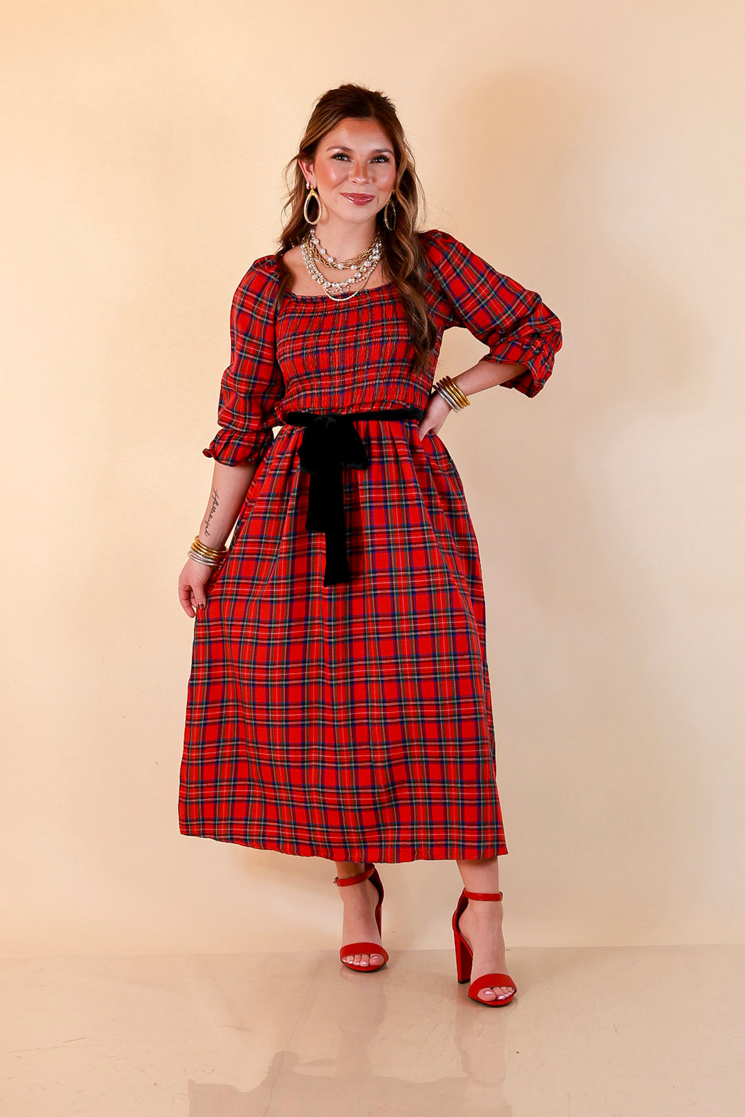 Simply Southern Home for the Holidays Plaid Smocked Midi Dress in Red
